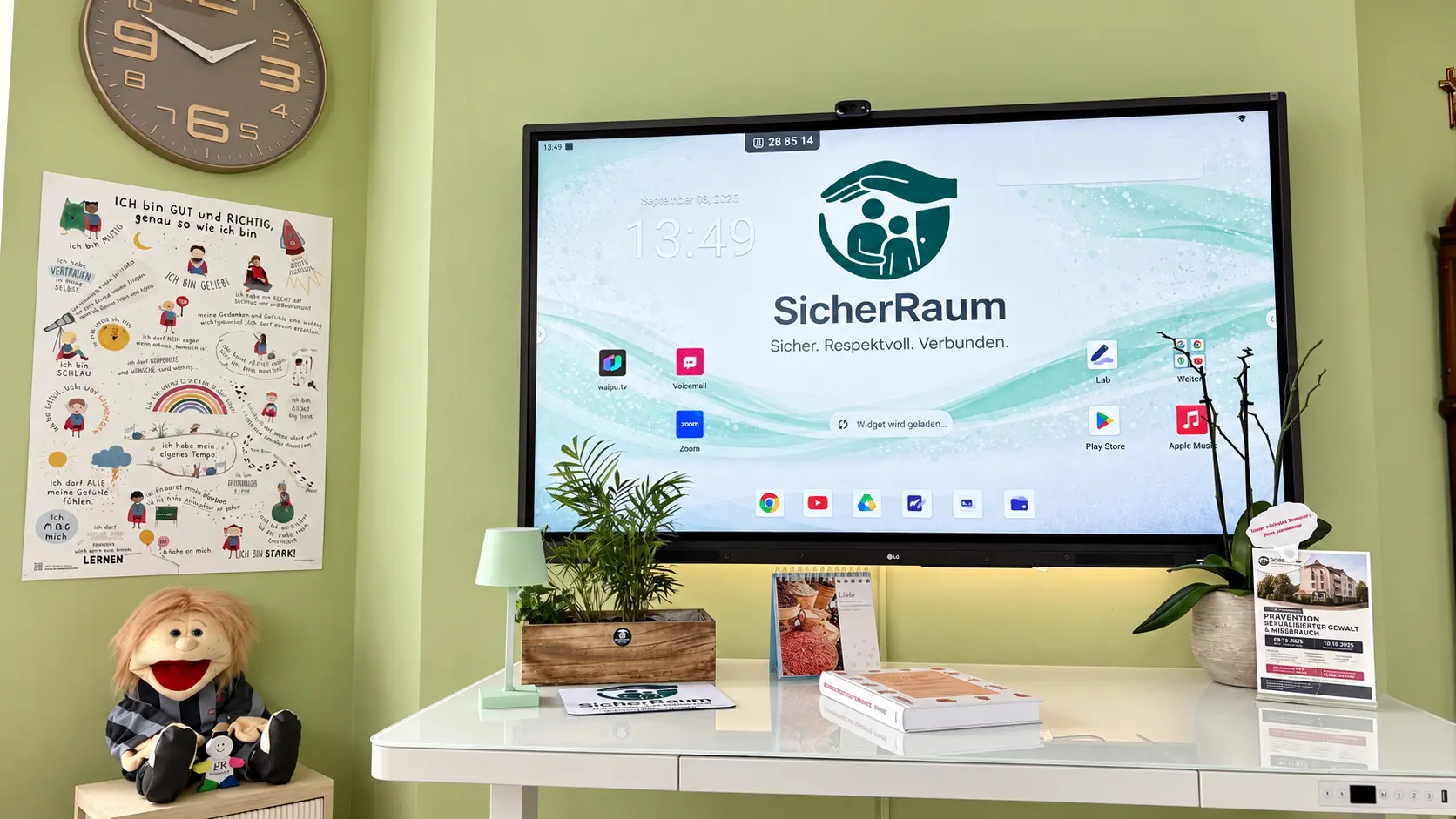 Schulungsraum mit SicherRaum-Präsentation und pädagogischen Materialien