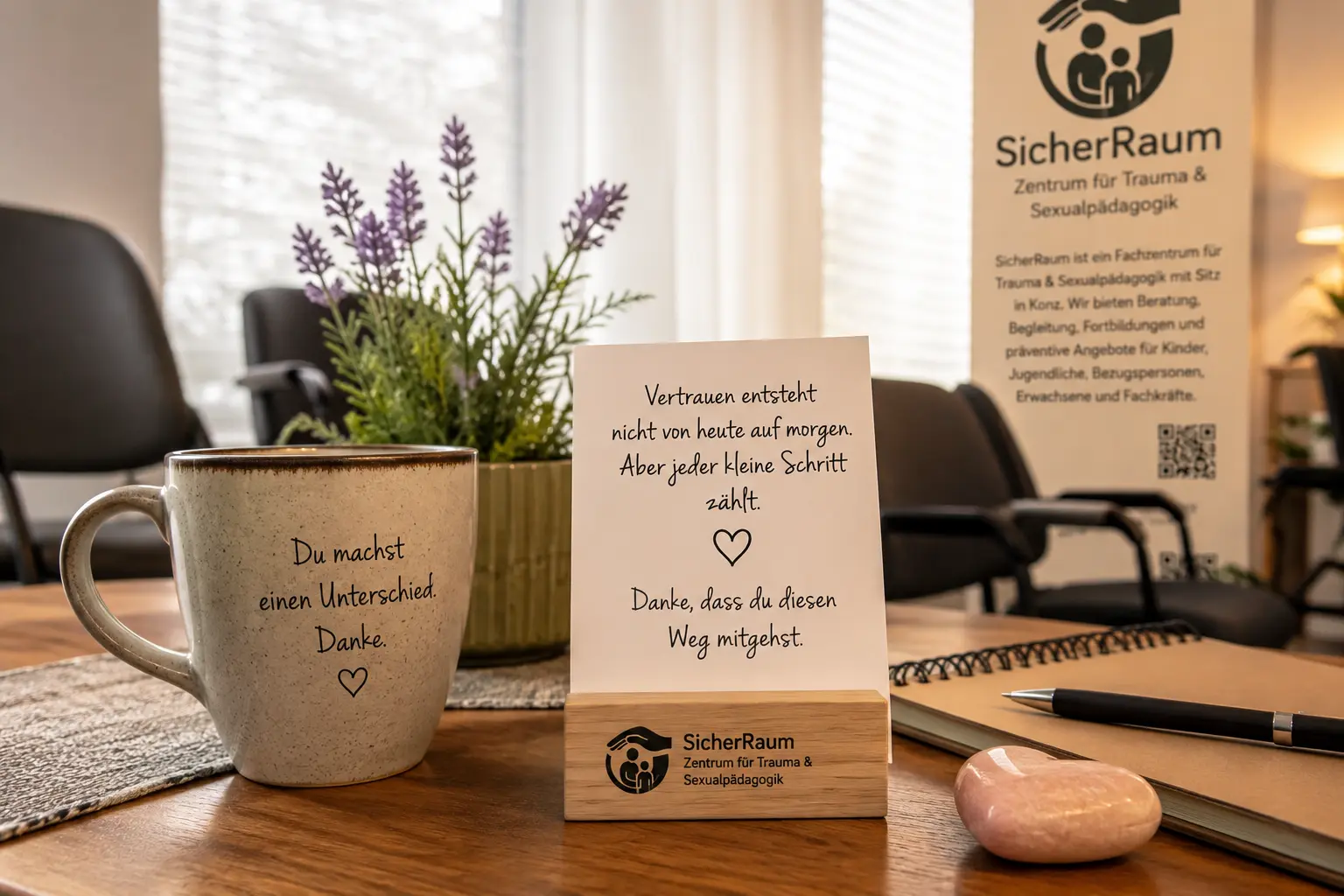 Willkommenskarte, Tasse und Beratungsraum im SicherRaum-Zentrum