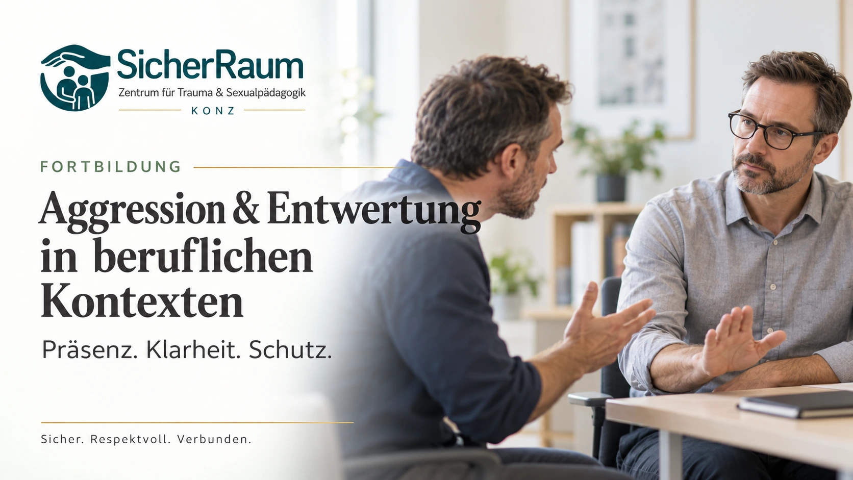 Fortbildung Aggression und Entwertung in beruflichen Kontexten: Fachkraft setzt im Beratungsgespräch ruhig eine Grenze.